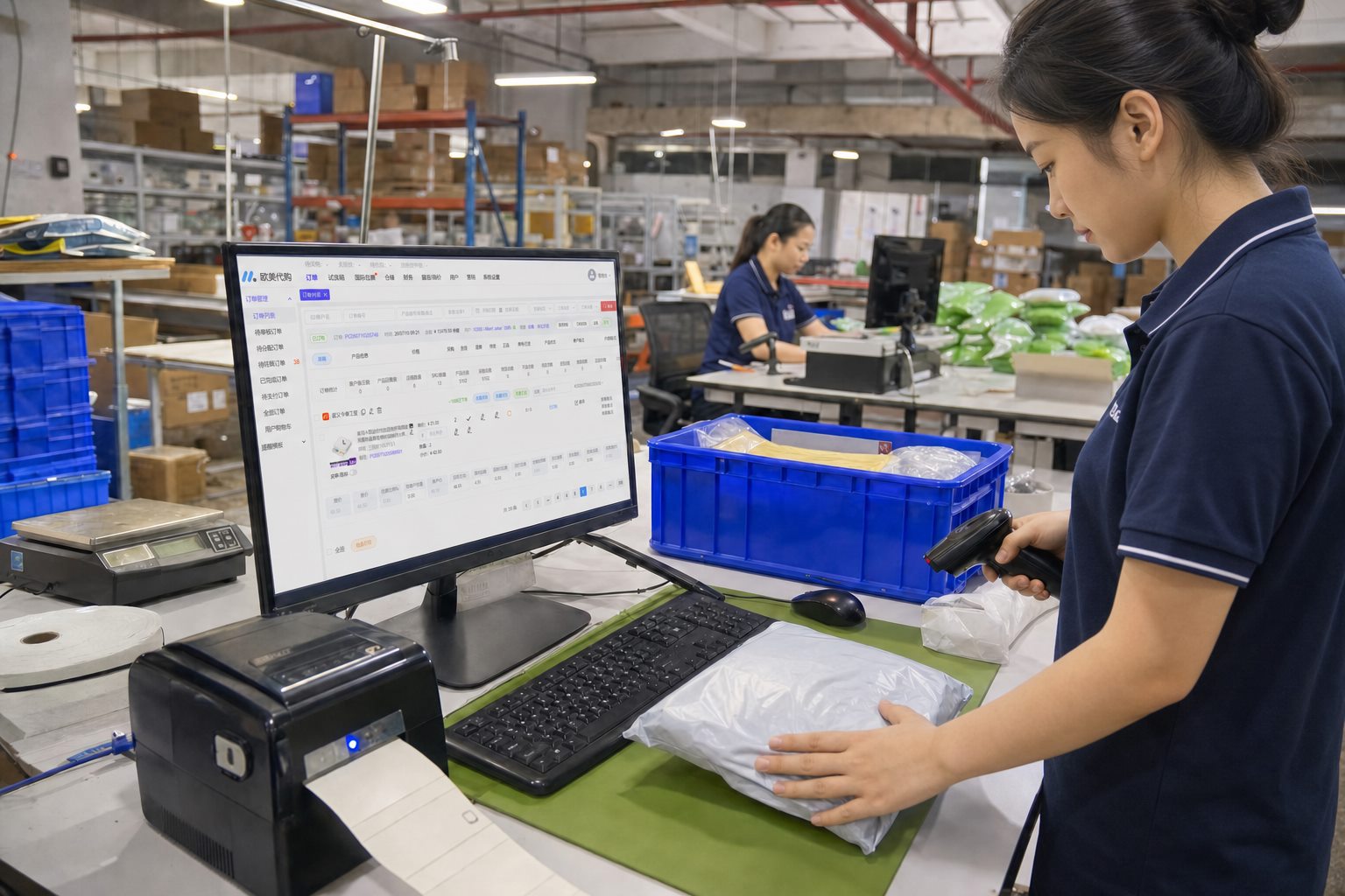 El personal del almacén de Greetbuy escanea mercancías y procesa pedidos online