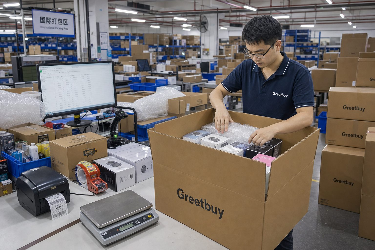 Empleados del almacén de Greetbuy consolidando y empacando paquetes internacionales