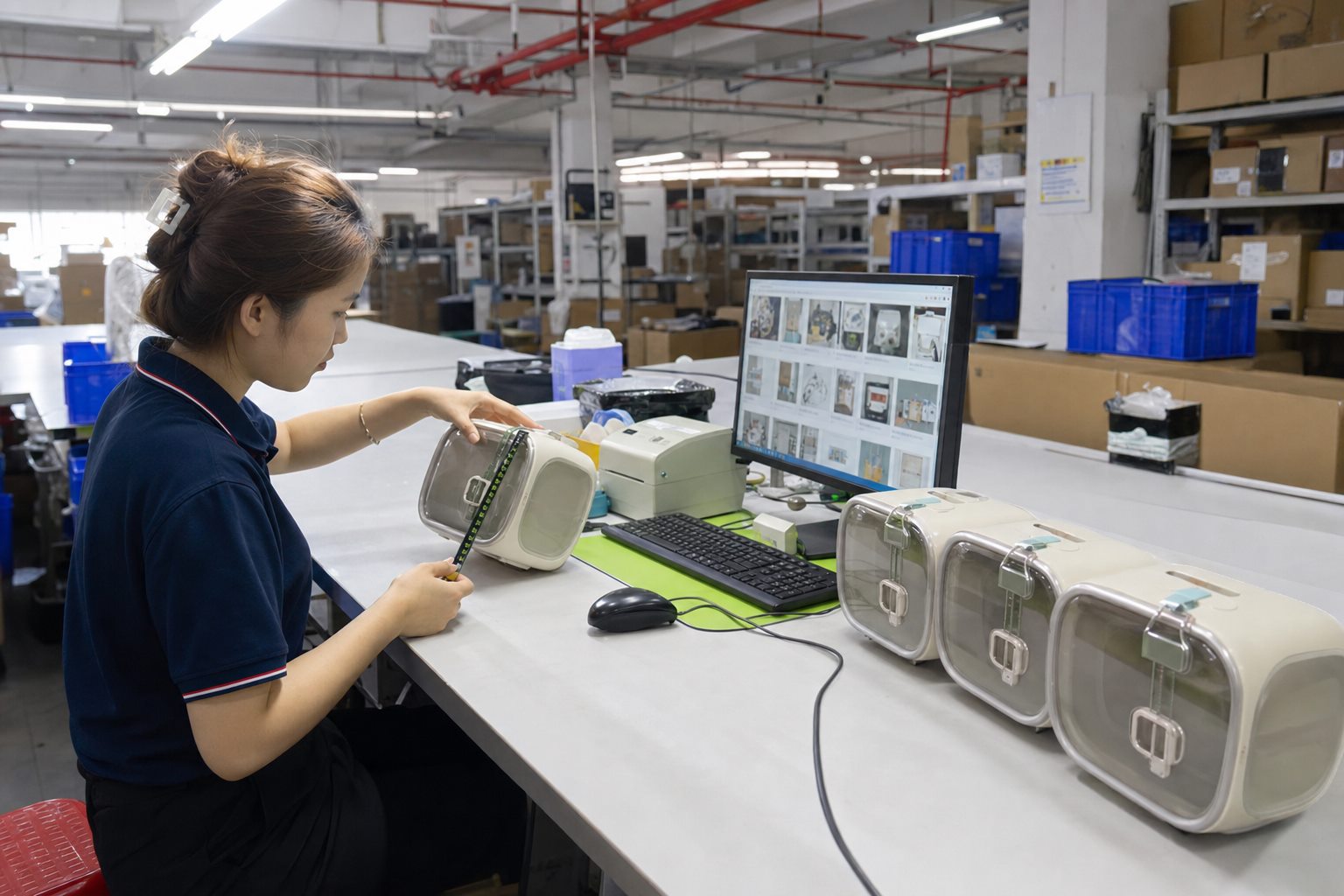 Inspección de calidad de productos realizada por empleados del almacén de Greetbuy