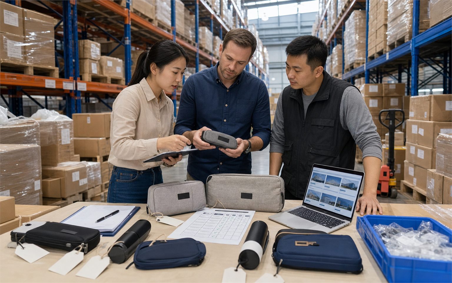 Das Greetbuy-Sourcing-Team überprüft B2B-Produktmuster in einem Lager
