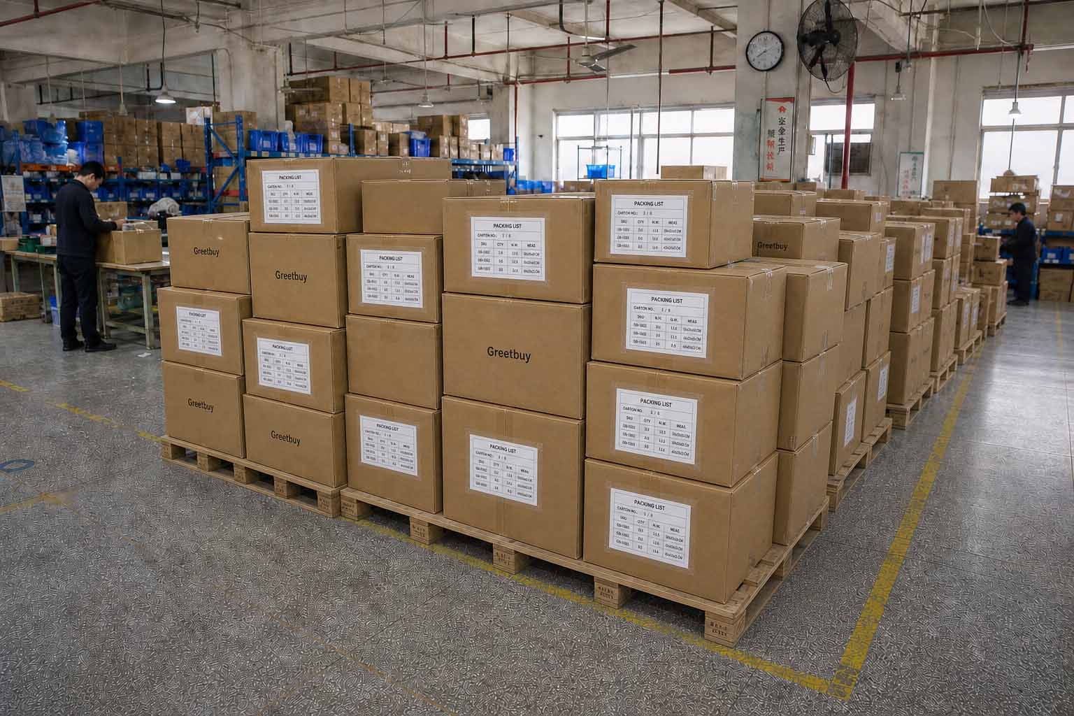 Brytyjski klient z katalogiem pakowania i wielokartonowymi opakowaniami SKU ukończył magazynowanie palet w magazynie Greetbuy