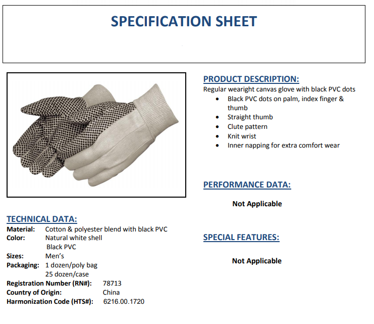 product specification sheets